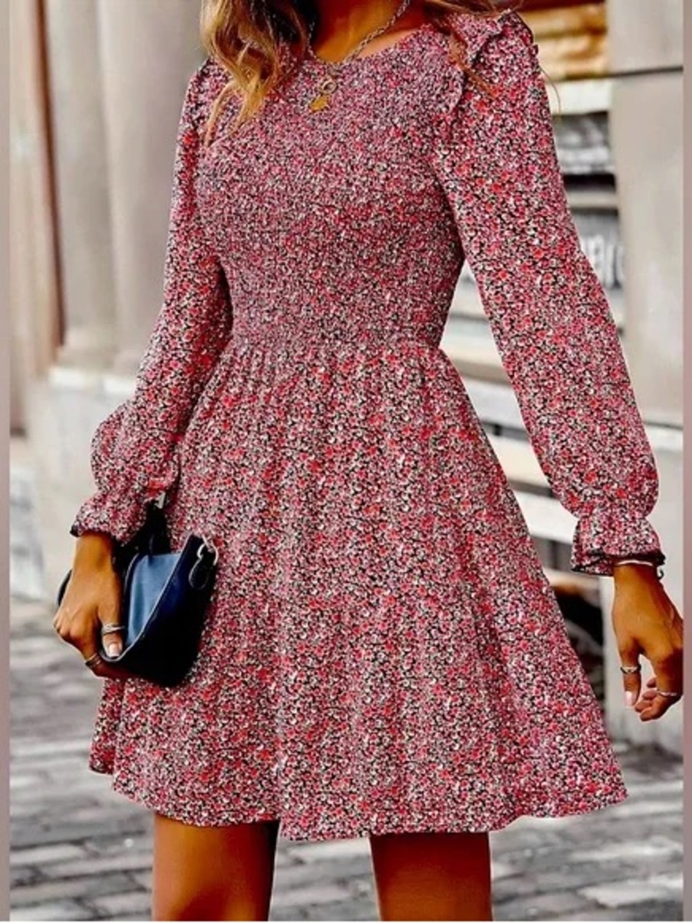 Floral Smocked Long-Sleeve Mini Dress in Rose Pink